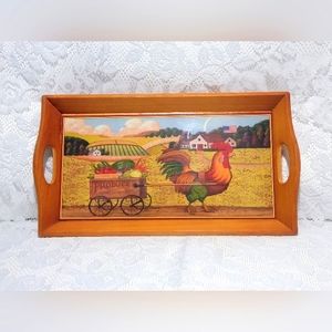 Vintage Farmhouse Wooden Serving Tray Rooster Country Style Pull Cart